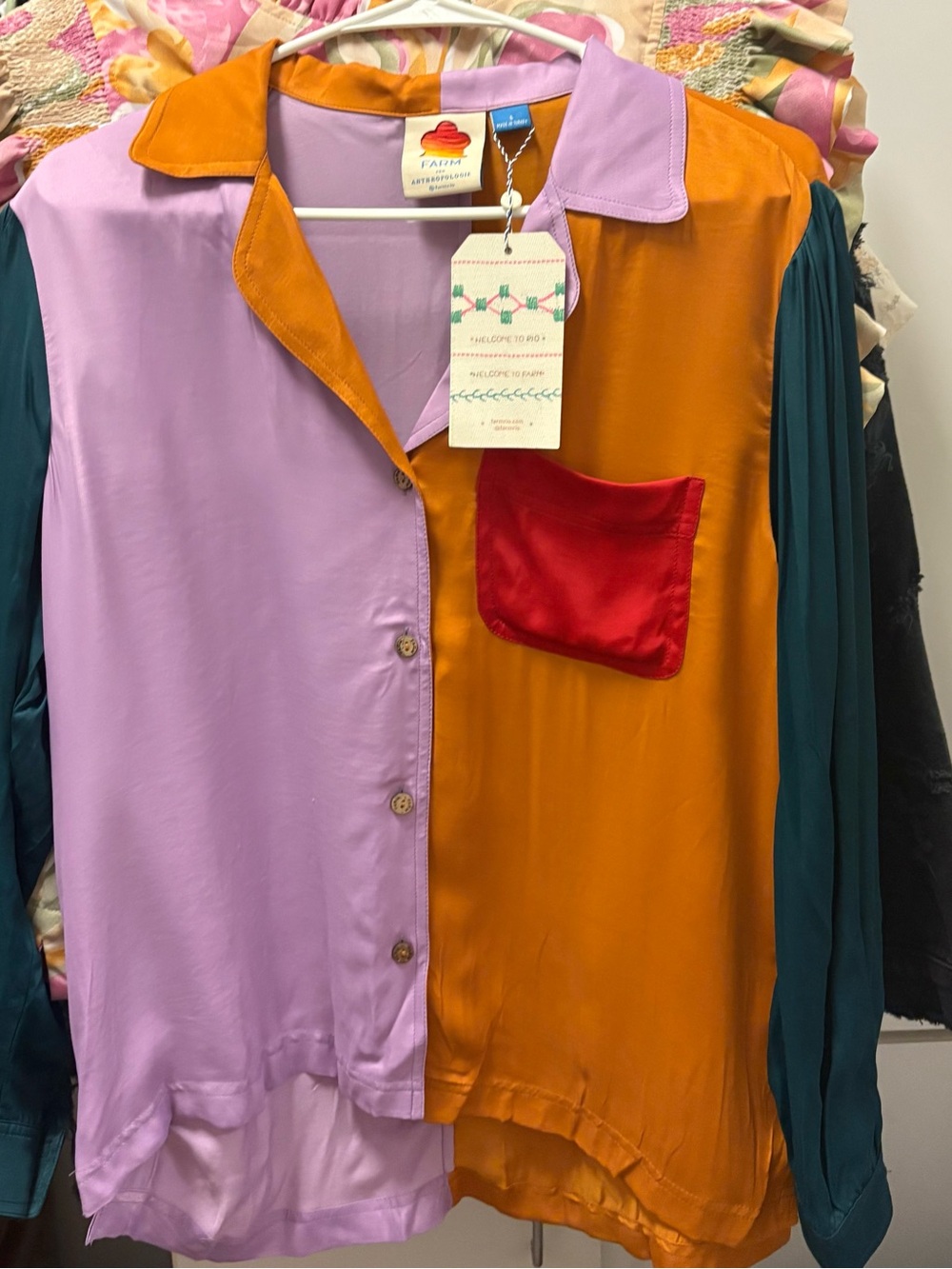 Farm Rio x Anthropologie Colorblock Puff-Sleeve Button-Down Shirt, Size S, NWT
